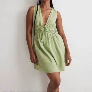 NWT MADEWELL Linen Sophia Deep V Mini Seedling Green Dress Medium